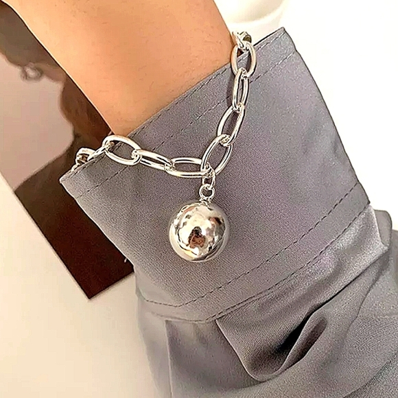 Silver Ball Drop Bracelet Chain Link Half Moon Minimalist Bangle - Picture 3 of 7